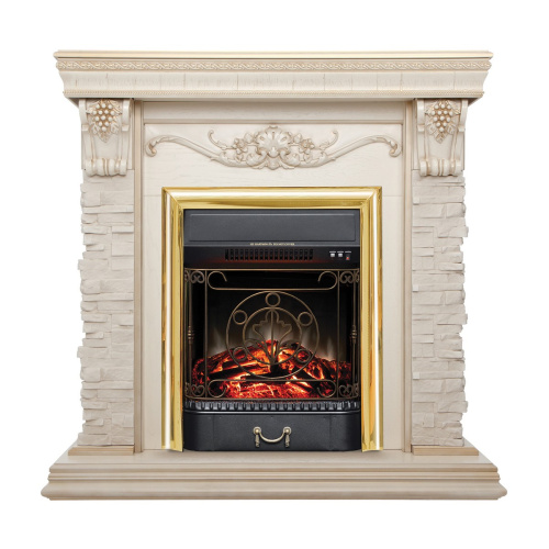 Электрокамин RealFlame Patricia WT белый дуб с золотой патиной с очагом Majestic Lux Brass