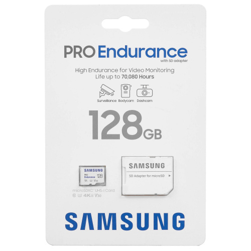 Карта памяти microSDXC Samsung Pro Endurance (для видеорегистратора) MB-MJ128KA/APC, 128GB Class 10, UHS-I, W 30 МБ/с, R 100 МБ/с, адаптер на SD