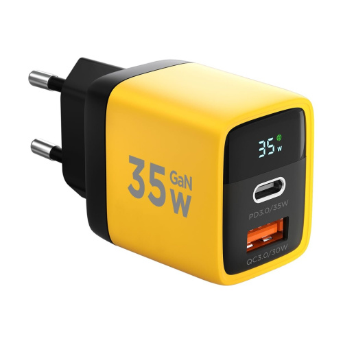 Зарядное устройство Cablexpert MP3A-PC-53 с дисплеем 35Вт GaN, QC3.0/PD3.0, 1хUSB, 1хType-C, желтый, коробка