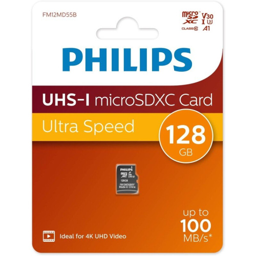 Карта памяти PHILIPS FM12MD55B/97 128GB High Speed microSDHC Class UHS-I U3, V30, A1, 100MB/s