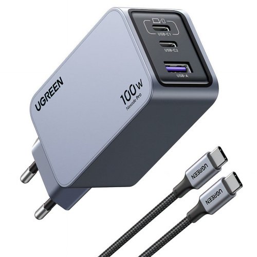 СЗУ UGREEN X757 (25874) Nexode Pro 100W USB-A+2*USB-C GaN Tech Fast Charger EU + 1M 100W cable Grey