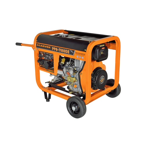 Генератор CARVER PPG-7000DE (01.020.00023) дизель (LT-186FA, 5,0/5,5кВт, 220В, бак12.5л, э/старт, колеса, медь)