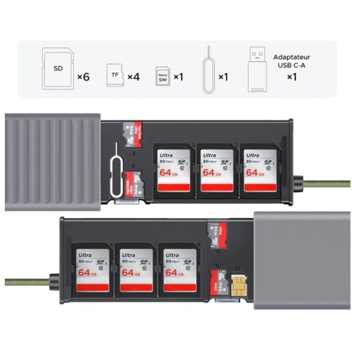 Мультифункциональный кейс для карт памяти UGREEN CM856 (55899) Multi-function USB-A USB-C 2×SD Card Slot 1×TF Card Slot Card Reader Case серый