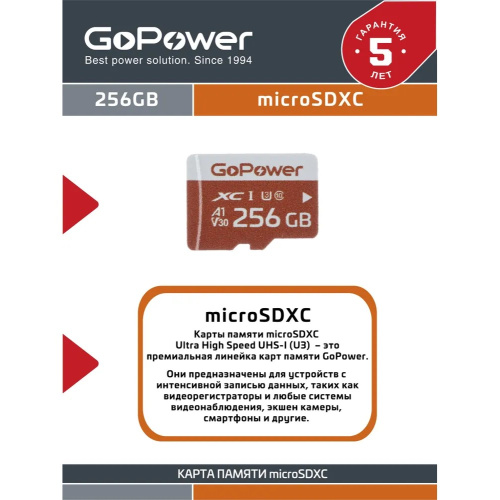 Карта памяти GoPower 00-00025684 microSD 256GB Class10 UHS-I (U3) 100 МБ/сек V30 без адаптера