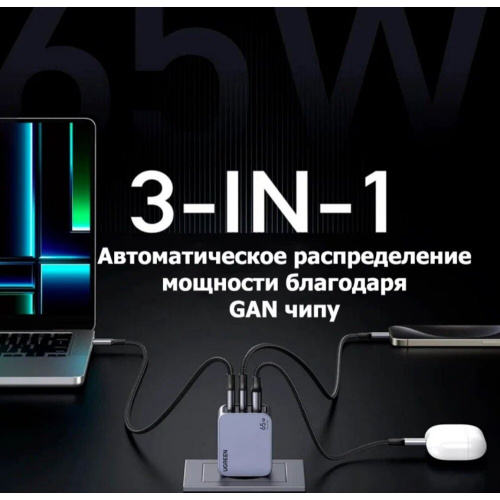 СЗУ UGREEN X755 (25871) Nexode Pro 65W 3-Port GaN Fast Charger with 100W cable 1M Set EU Grey