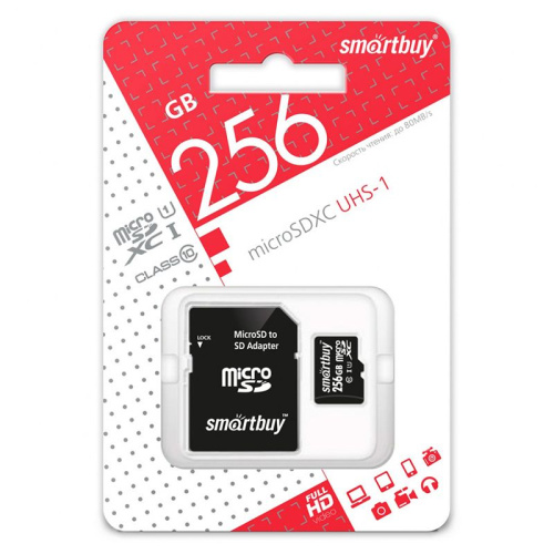 Карта памяти SMARTBUY SB256GBSDCL10-01 microSDXC 256 GB UHS-I, 90 Мб/сек (class 10), с адаптером