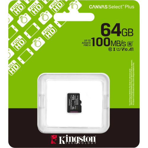 Карта памяти Kingston Canvas Select Plus Gen3 SDCS3/64GBSP micro SDXC 64GB, 100MB/s A1, без адаптера