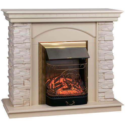 Электрокамин RealFlame Elford WT белый дуб с очагом Majestic Lux Brass